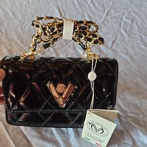 Artisan Glossy Black Mini Bag with Gold Chain